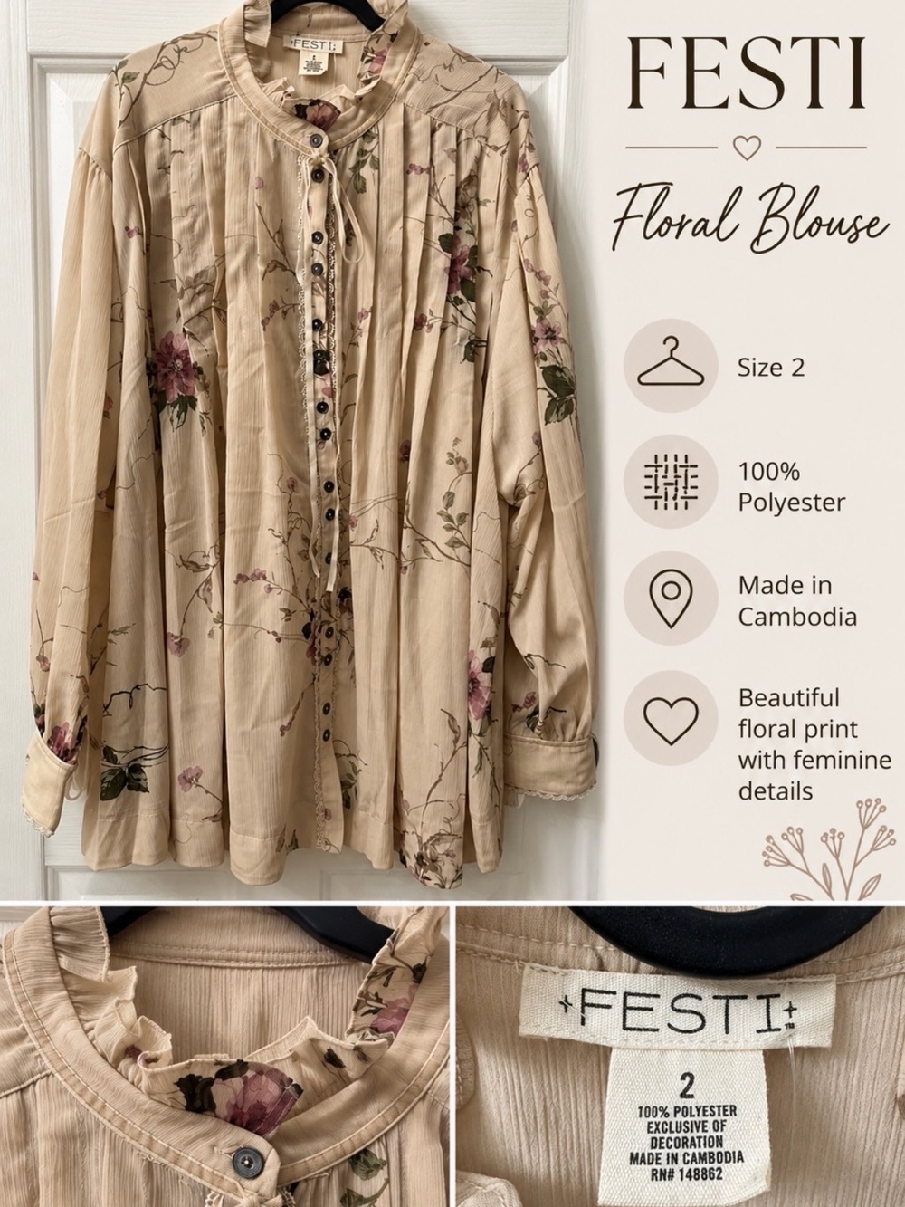 Torrid Cream Floral Pintuck Button-Up Blouse